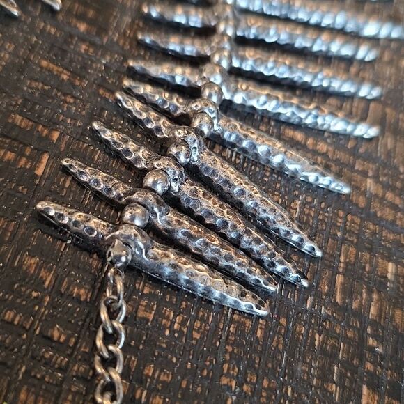 Silver Tone Spiked Collar Necklace Adjustable Textured Tribal Goth Punk - Picture 5 of 6